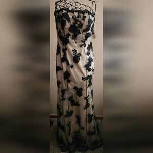 Strapless Black Floral Lace Overlay Prom Dress
